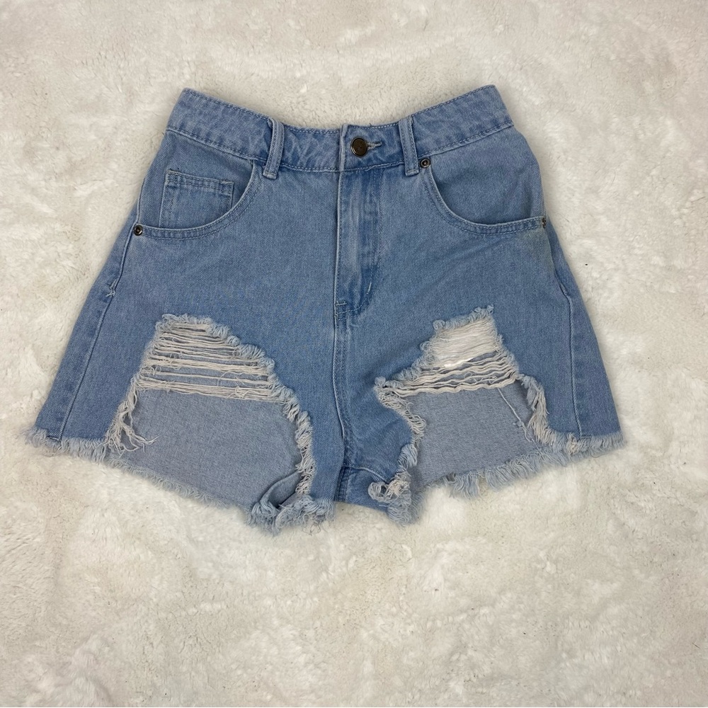 Pretty Little Thing Blue Distressed High Rise Shorts